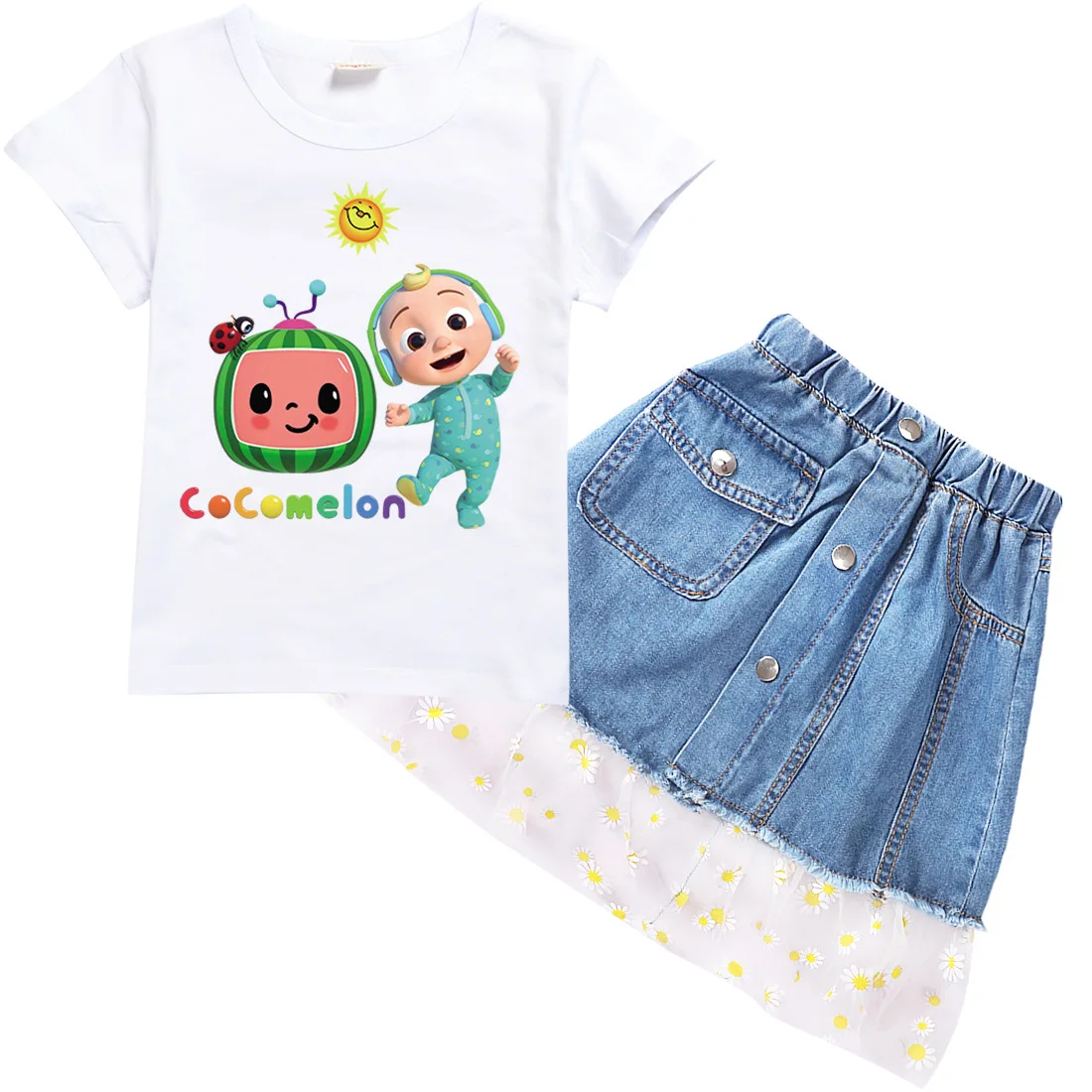 

Lovely Baby Girls Cocomelon Clothes Sets Kids Cotton Tops Skirted Shorts 2PCS Outfits 2-16Y Children Fashion Summer Clothing Set