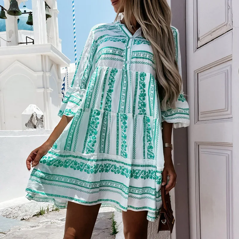 

Casual Button V Neck Loose Pullover Dress Women 2021 Autumn 3/4 Flare Sleeve Party Dress Summer Elegant Pattern Print Mini Dress