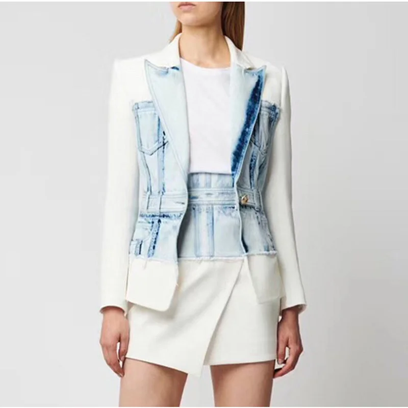 

HIGH QUALITY 2021 Newest Designer Blazer Women's Single Button Denim Patchwork Jacket Blazer