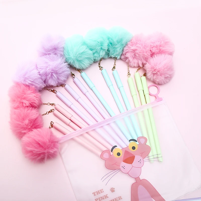 12Pcs/pack Creative Fluffy Plush Cute Gel Pen Pendant Cool Kawai Paris Eiffel Tower Fox Rabbit Flamingo School Office Girl Gift |