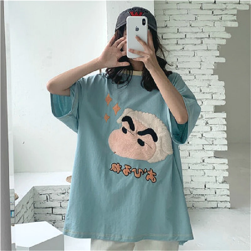 

2020 Summer Retro Hong Kong Style Short-sleeved T-shirt Female Cute Cartoon Fun Embroidery Loose Casual Tops Female