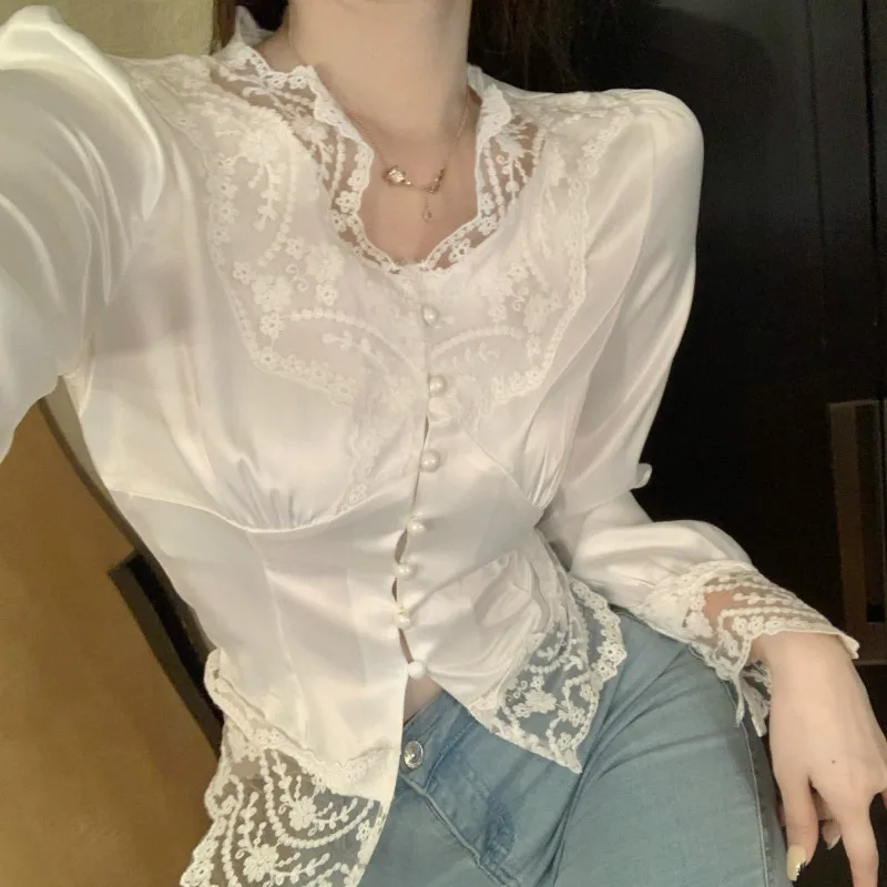

Party Blouse Women Lace Patchwork Long Sleeve V-Neck Korean Crop Tops Sexy Outwear Slim Elegant Shirts Female Blusas Summer New