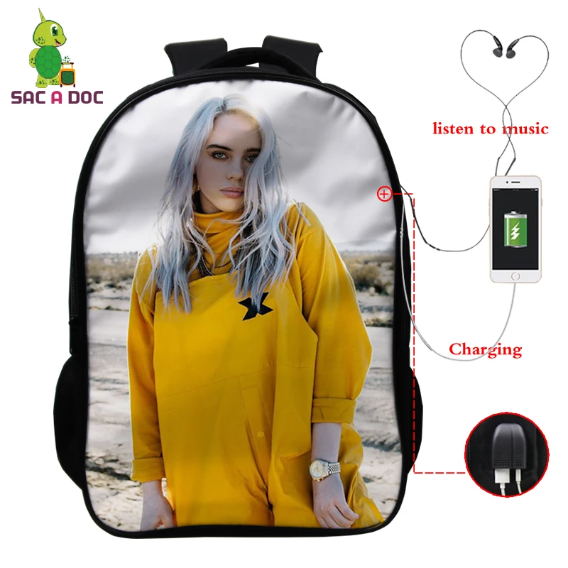 Светло-желтый Billie Eilish рюкзак, школьные сумки, 16 дюймов, Детские рюкзаки, детский рюкзак для девочек, рюкзак для путешествий, рюкзак с USB зарядкой - Цвет: Светло-желтый