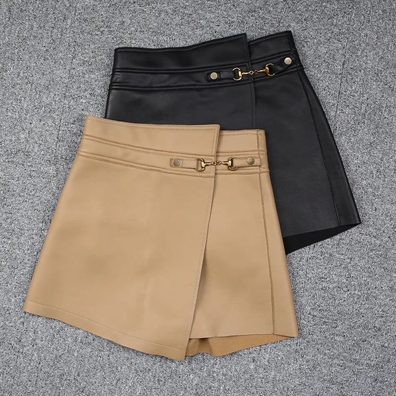 Factory New Style Women  Fashion Asymmetric Latch Casual Genuine Sheepskin Leather Shorts