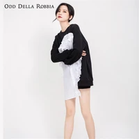 odddellarobbia 2021 women autumn design contrast stitching long sleeved round neck sweater with wood ears lazy wind sweater 1162