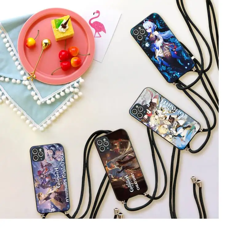 

genshin impact Phone Case For iPhone 7 8 11 12 X XS XR MINI Pro Max Plus Strap Cord Chain Lanyard soft