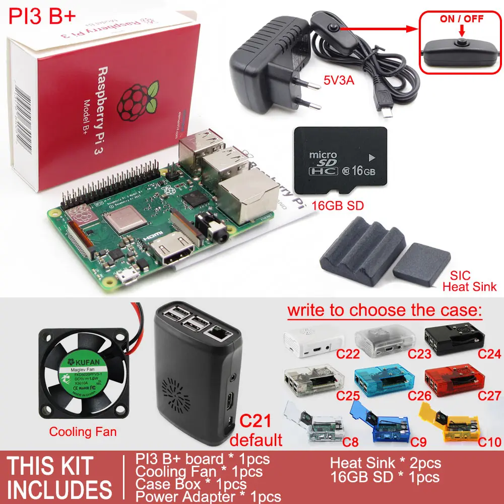 Комплект 3 Raspberry Pi 3 Model B+ плюс плата+ чехол коробка+ вентилятор охлаждения+ sd-карта+ теплоотвод+ адаптер питания переменного/постоянного тока+ кабель HDMI - Комплект: Комплект 3