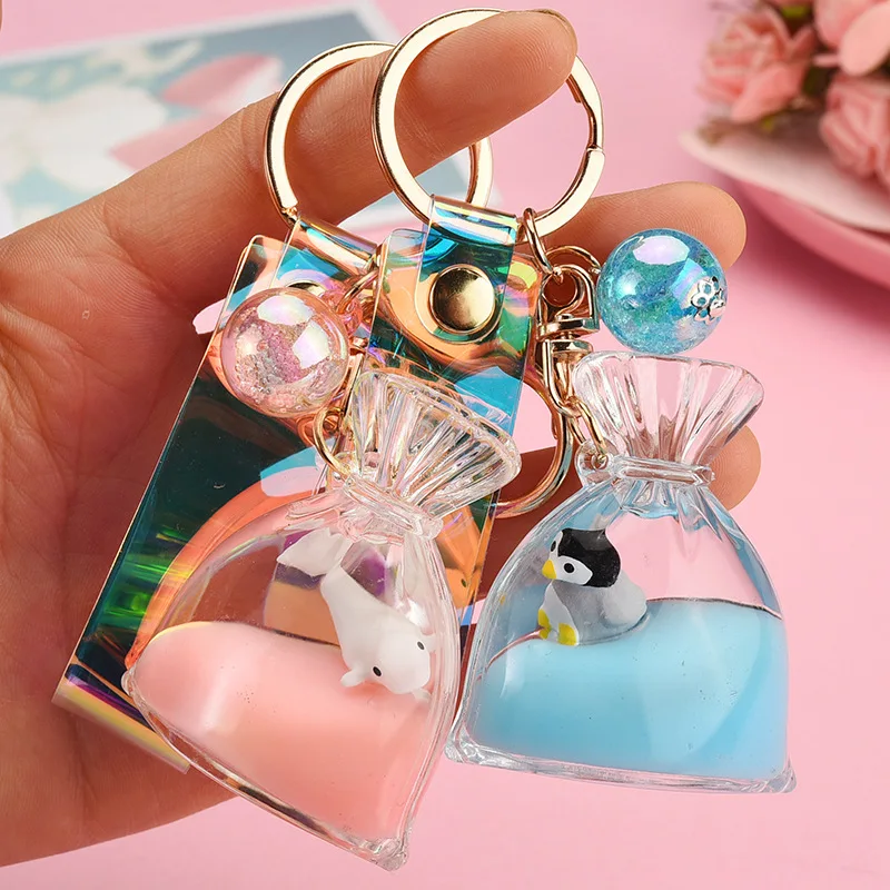 

Cute Cartoon Penguin Fish Tortoise Keyring Creative Colorful Leather Cord Liquid Floating Lucky Bag Keychain Bag Car Key Chain