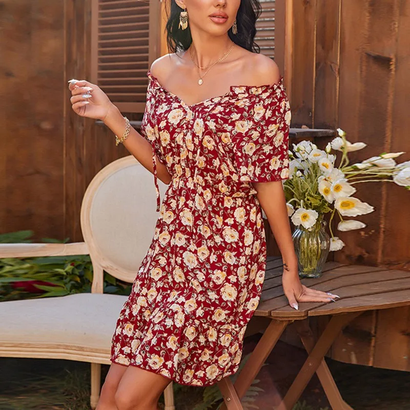 

Casual Long High Waist Summer Dress Fashion Female Short-sleeved Print Women Floral Dress
