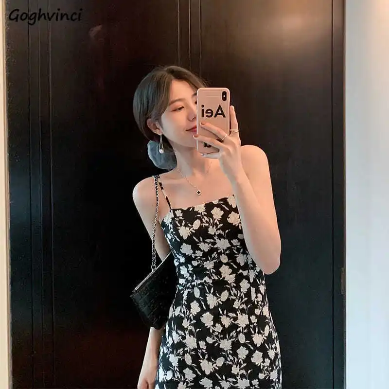 

Sleeveless Dress Women Square Collar Elegant French Retro Leisure Summer Print Korean Style Female Vestidos Spaghetti-strap Chic