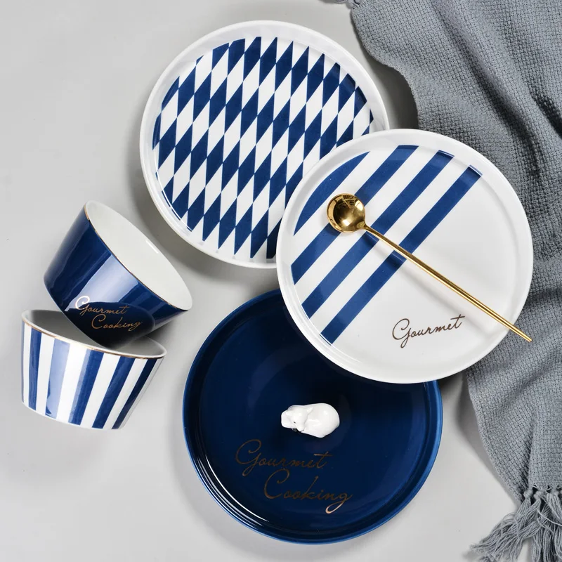 

Nordic Style Ceramic Baking Matching Cup Creative Blue Gold Salad Bowl Breakfast Bowl Dessert Stand Western Plate Home Tableware