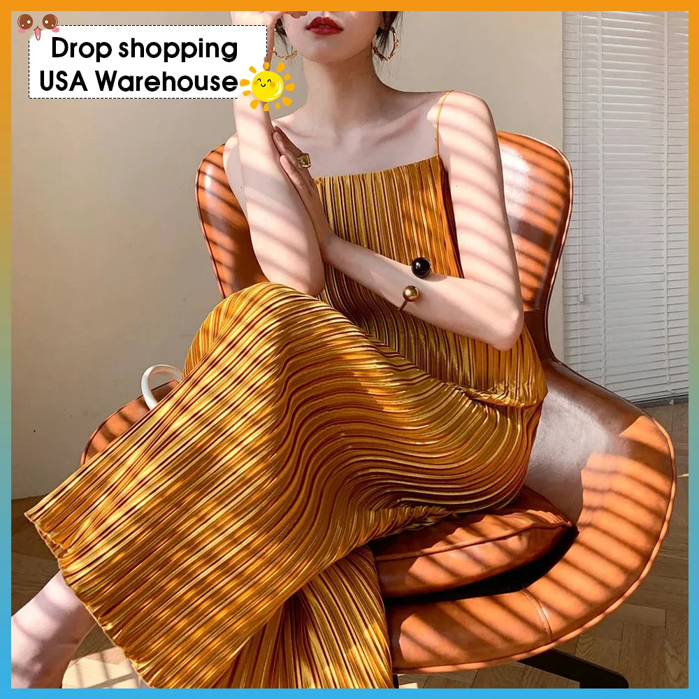 striped long sexy suspender Pleated High-quality satin dress 2020 summer new fashion French design sens Female New | Женская одежда