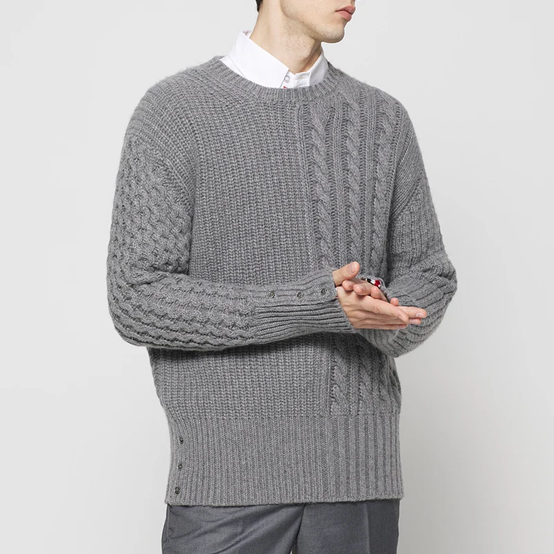 

THOM 2021 TB Fashion Brand Sweaters Men Loose O-Neck Pullovers Clothing Striped Spliced Wool Thick Autumn Winter Casual Coat