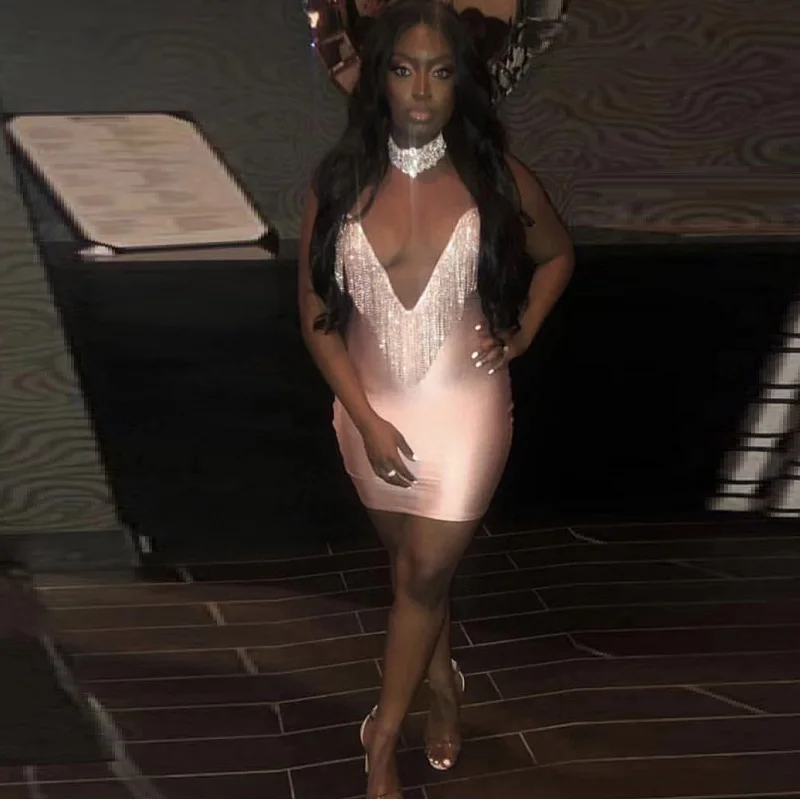 2019 Bandage Dress Fashion Luxury Diamond Tassel Sexy V-Neck Spaghetti Strap Bodycon Dresses Women Solid Color Club Vestidos | Женская