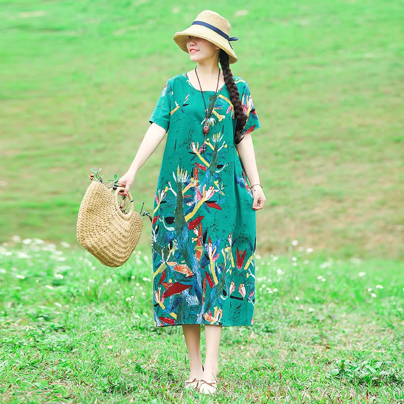 

2021 New Summer Cotton Linen Dress Women's Ethnic Style Casual Loose Chic Print Long Dress for Women Vestidos Femininos FC885