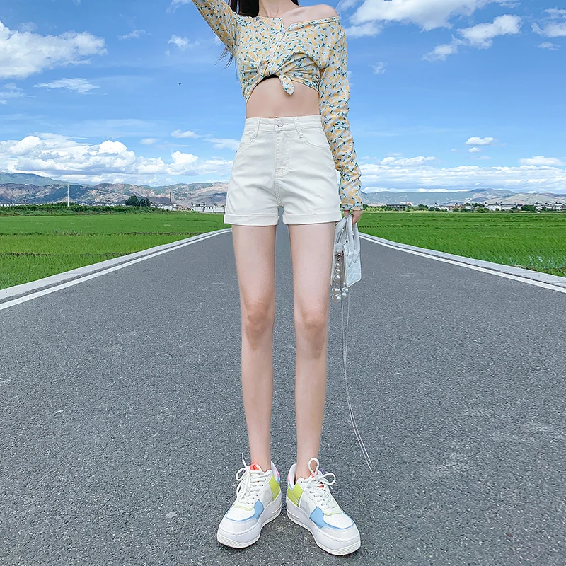 

Summer New High Waist Curl Denim Shorts Women's Loose All-Matching Slimming A- Line Hot Girl Wide Leg Ultra Short Hot Pants