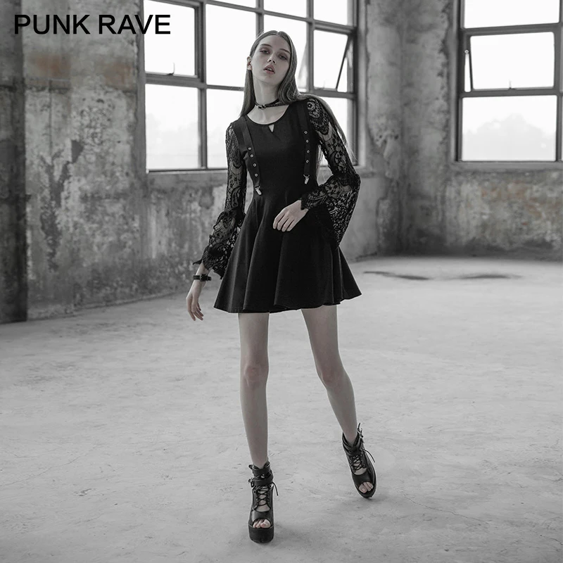 Женское платье с кружевными рукавами и V образным вырезом в готическом