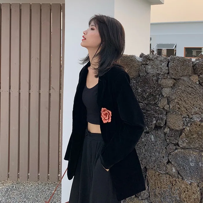 Женский бархатный костюм с цветочной вышивкой повседневный свободный блейзер