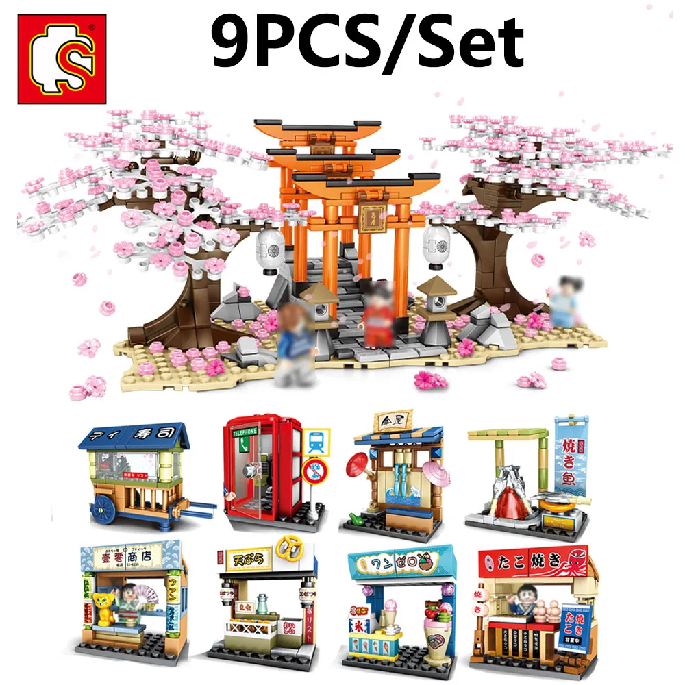 

9Pcs/Set Sembo Japan City Architecture Japan Sakura Street Torii Street View Mini Blocks Building Bricks Figures