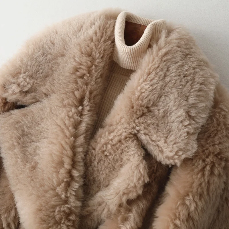 Luxury Women Coat Composite Fur and Wool Fur High Quality Outwear Warm Thick White Pockets Genuine Leather Woolen Warm Jackets