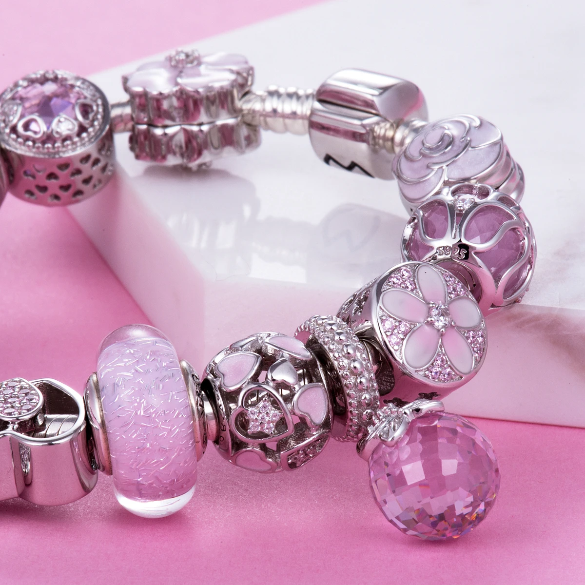 Подвеска для браслета из серебра 925 пробы в виде розового жемчужного сердца с