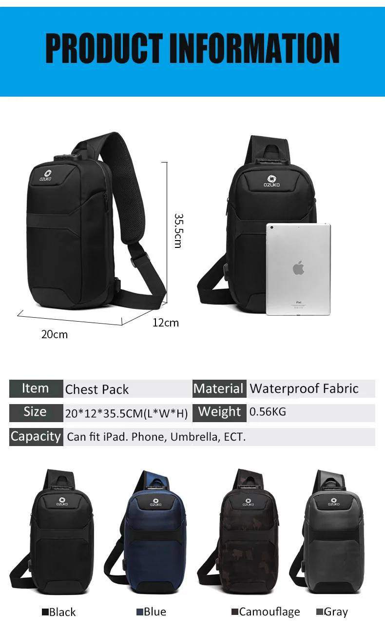 OZUKO Men's Messenger Bag Antitheft Waterproof USB Recharging Shoulder Crossbody Bags Chest Pack Male Sling Bag for Short Trip