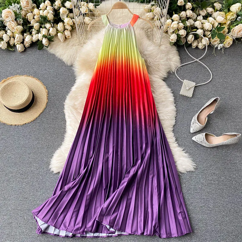 

Boho Style Dress Women Neck-mounted Sleeveless Colourful Long Dress High Quality Woman Dress Holiday Party Dresses Women SL231
