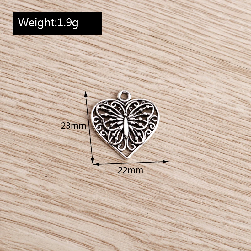 

10pcs 22*23mm Bohemian Love Heart Charms for Jewelry Findings Antique Silver Color Butterfly Charms Earrings Bracelets Making