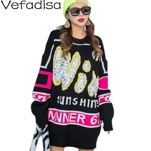Свитер Vefadisa с Черными Блестками с буквенным принтом, женский осенне-зимний плотный пуловер 2021, вязаное пальто, женское Повседневное трикотажное пальто QYF4726