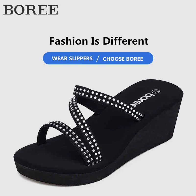 Сандалии Boree женские с кристаллами Нескользящие пляжные шлепанцы на танкетке