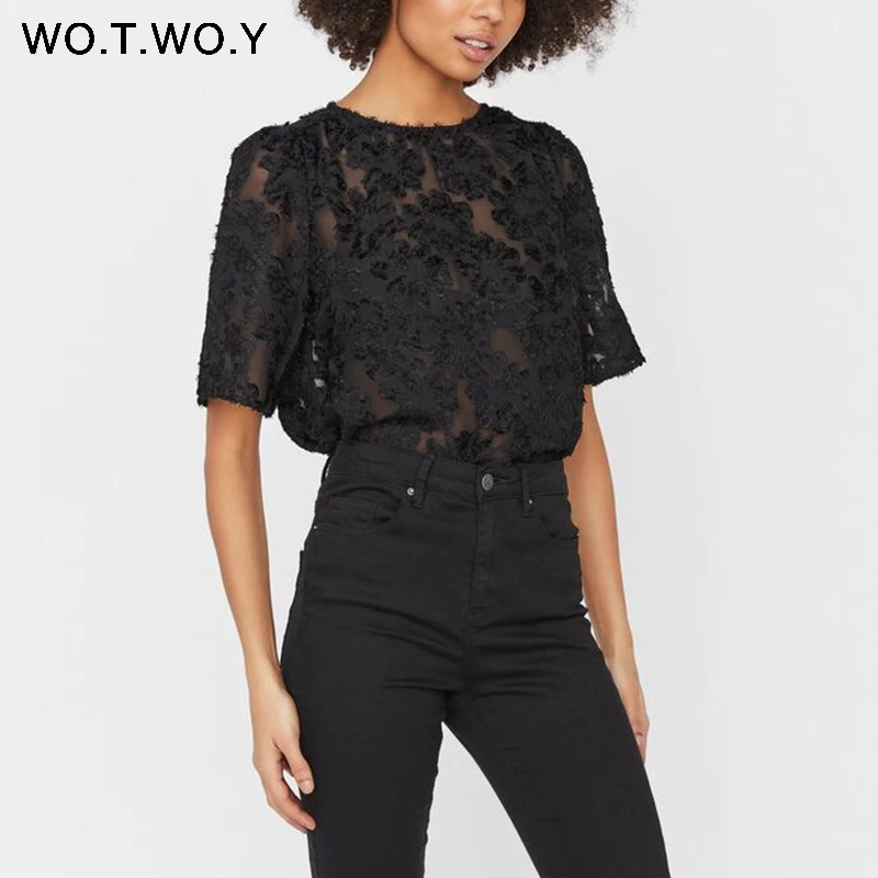 Женская Прозрачная Футболка с коротким рукавом WOTWOY черная сетчатая футболка