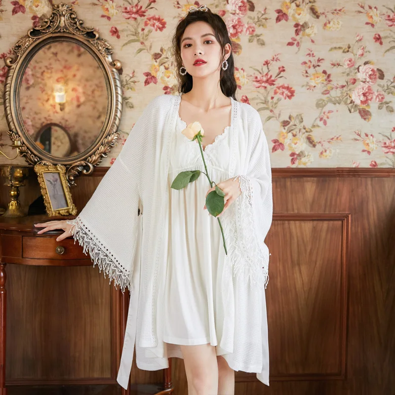 

Long-sleeved dressing gown two-piece court wind horn sleeve home clothing sweet sling skirt pajama set