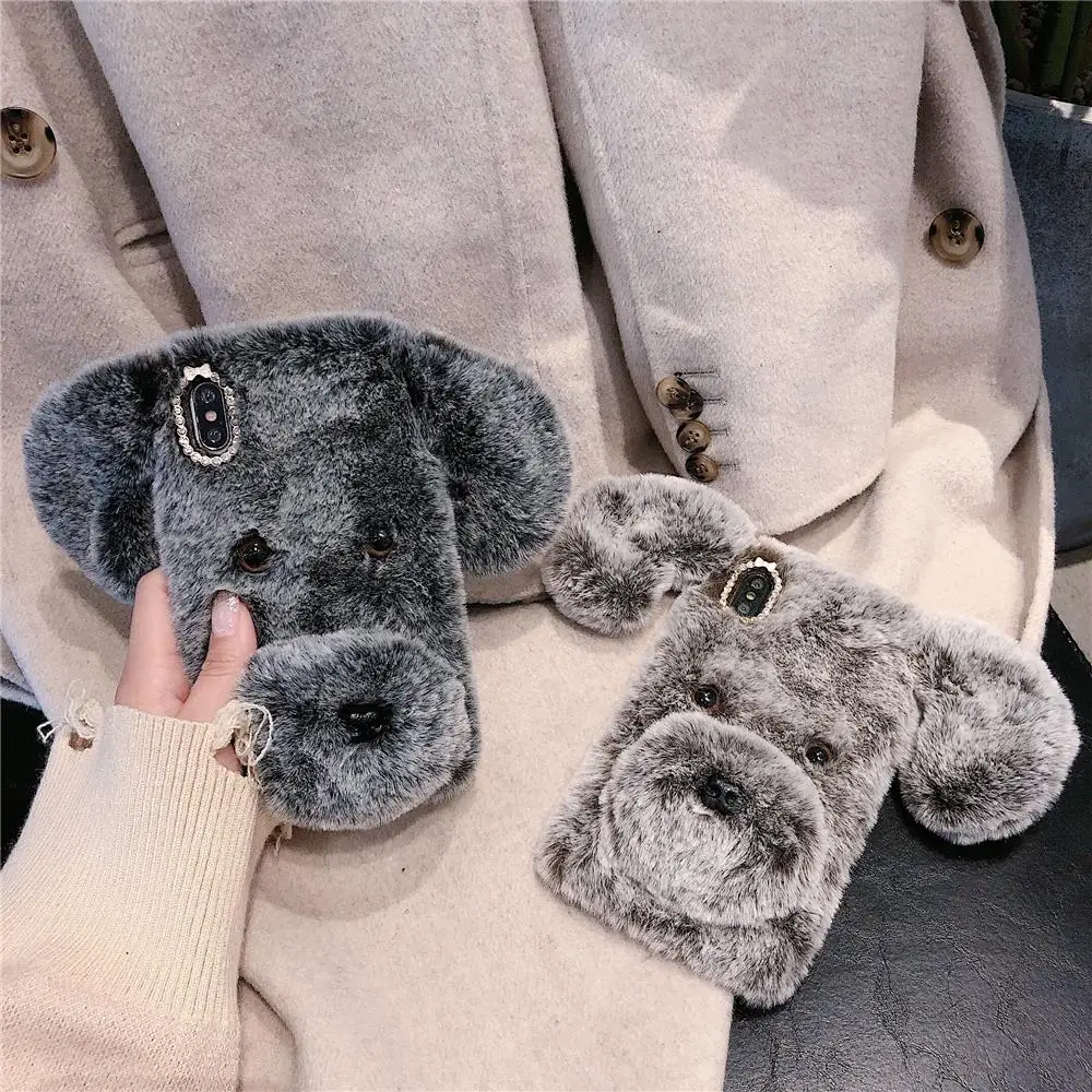 3D Fluffy Plush dog Phone Case For iPhone 13Pro MAX 12 11 X XR XS 7 8Plus Soft Warm Fur Hairy Rhinestone Back Cover | Мобильные