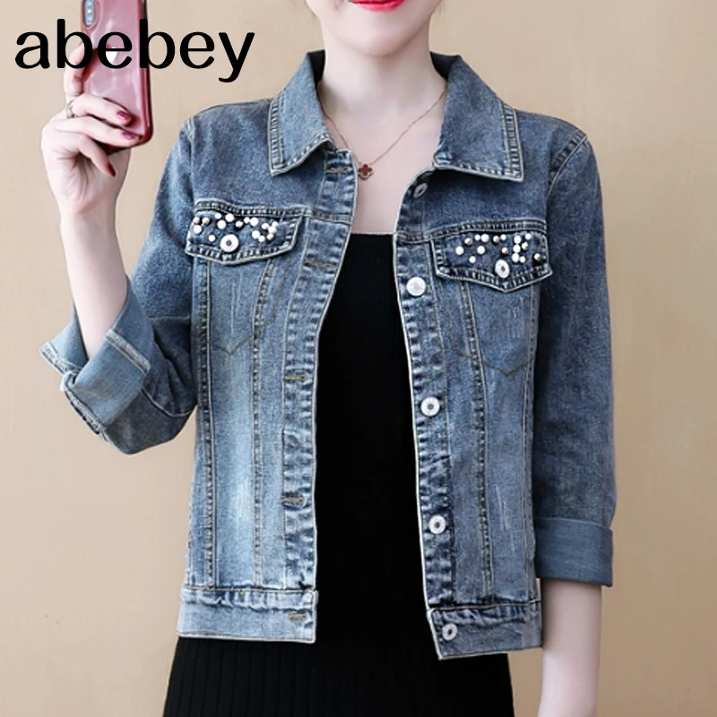 Женские джинсовые куртки размера плюс с жемчужинами и бусинами 3Xl 5Xl винтажная