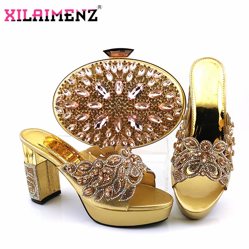 

Golden Color Special Design Comfortable Nigerian Women Shoes Matching Bag High Quality Slingbacks Slipper with Platform
