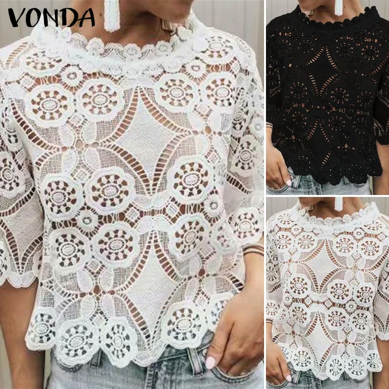 VONDA женская блуза с кружевами 2021 летние богемные блузки сексуальным О-образным