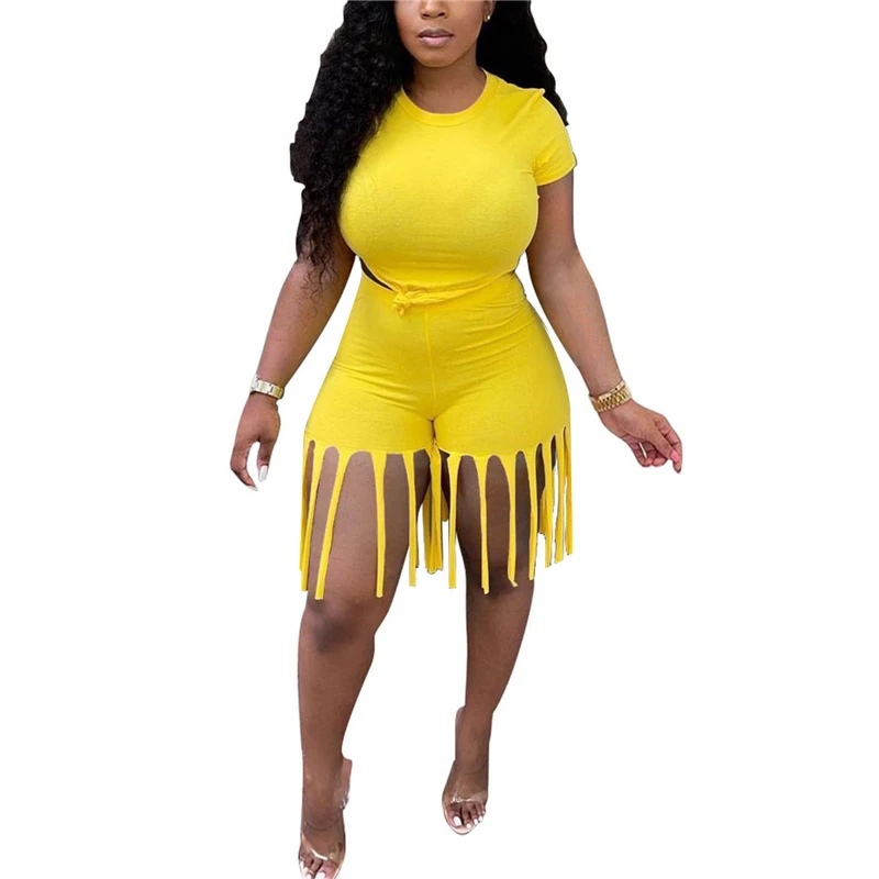 

2 Piece Tassel Bodycon Outfit for Women Summer Sexy Clubwear Round Neck Crop Top and Tassel Short Clothes Matching Set