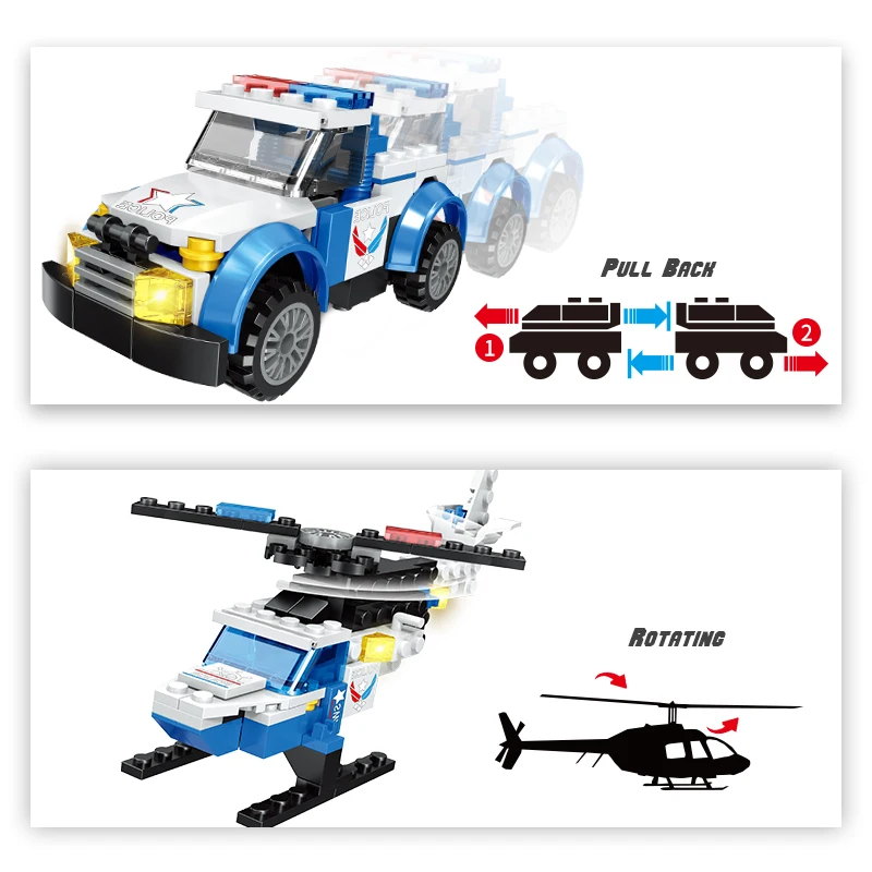 2 в 1 строительные блоки вертолет городской полиции оттягиваемая назад машина