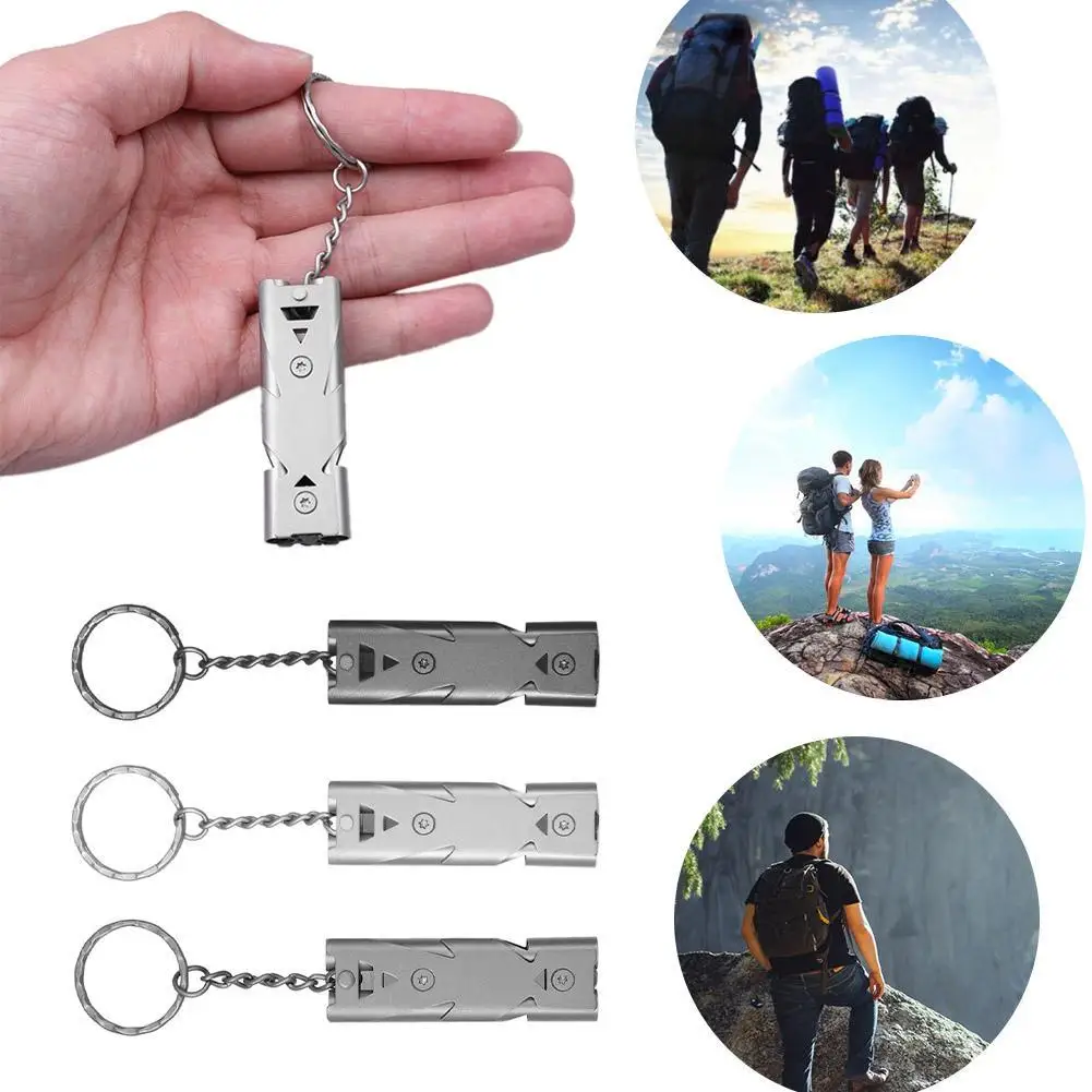 

Outdoors High Decibel Portable Keychain Whistle Stainless Steel Double Pipe Emergency Survival Whistle Multifunction Tool