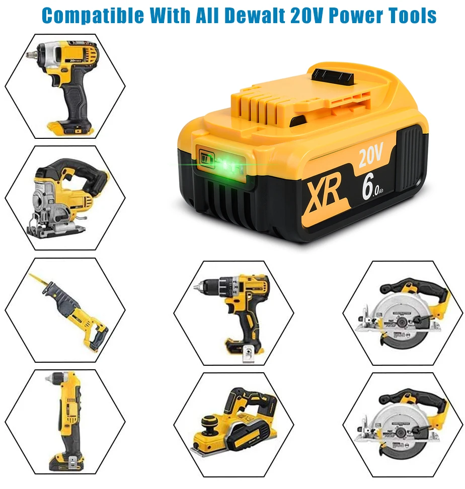 

Bonacell 6.0Ah DCB182 Replacement Battery 20Volt Battery For DEWALT DCB200 DCB204 Li-Ion Power Tool DCB180 DCB181 DCB182 XR L70