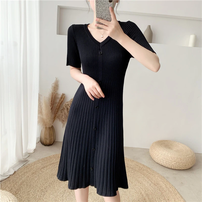 

Summer Korean v-neck ice silk knitting dress for women 8792#