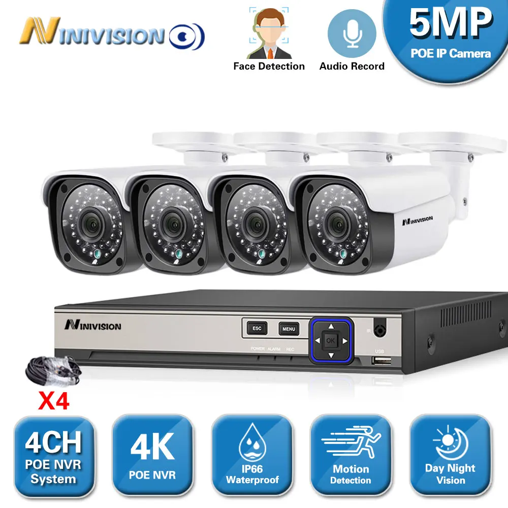 

NINIVISION Audio AI Face-Recording detection H.265 4CH Super HD 5MP POE Smart Camera kit System Outdoor Waterproof Video