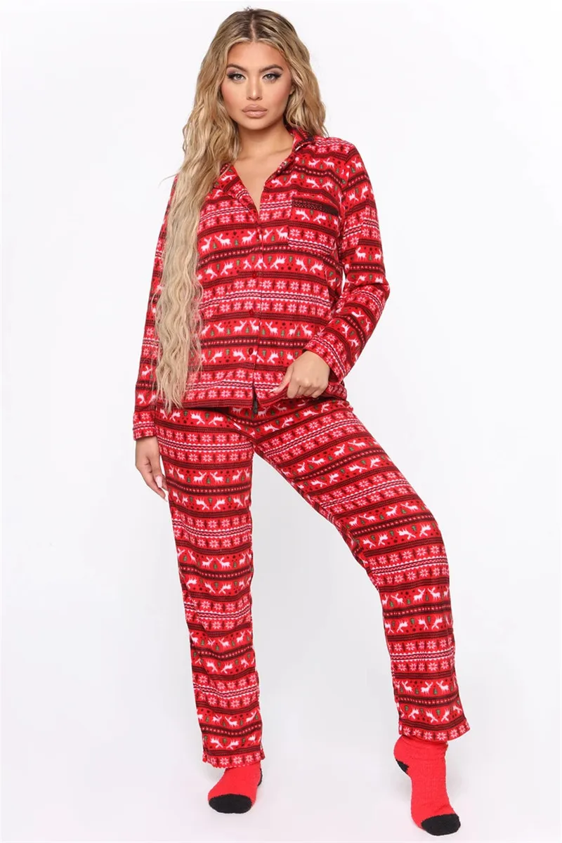 

2020 Christmas Winter Warm Pajama Sets Snow Deer Print Long Sleeve Buttons Up Shirt Tops High Waist Loose Causal Pants Home Wear