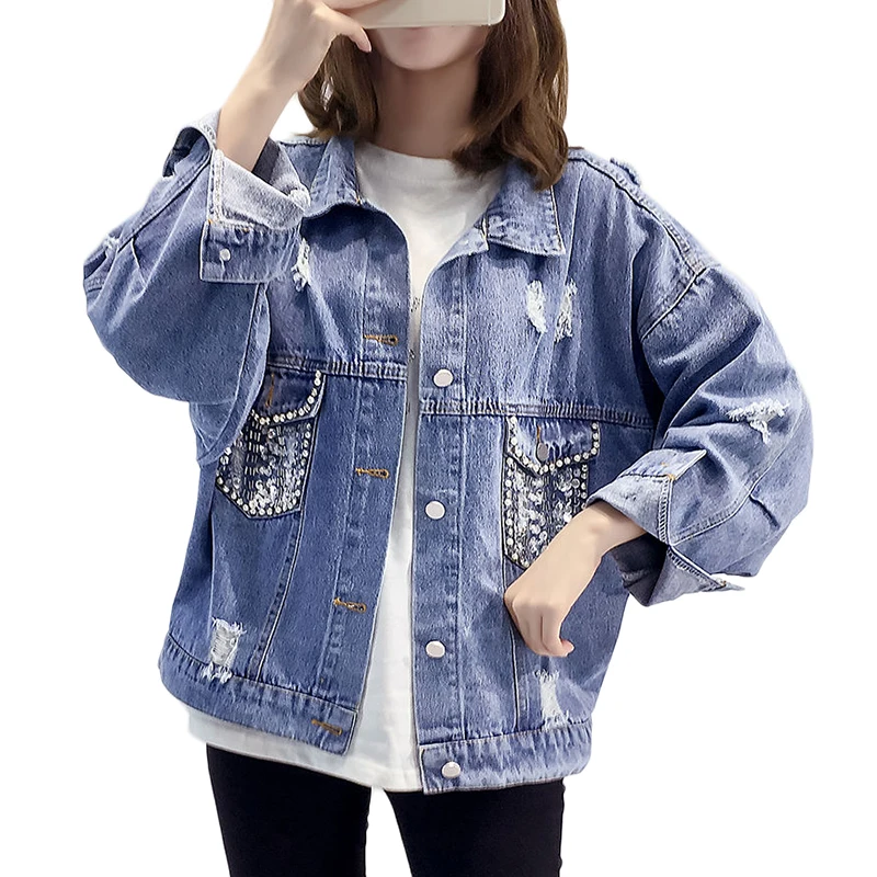 

Spring Autumn New Sequined Beaded Denim Jacket Women Hole Basic Overcoat Casual Bomber Outerwear Women's Clothing Ropa De Mujer