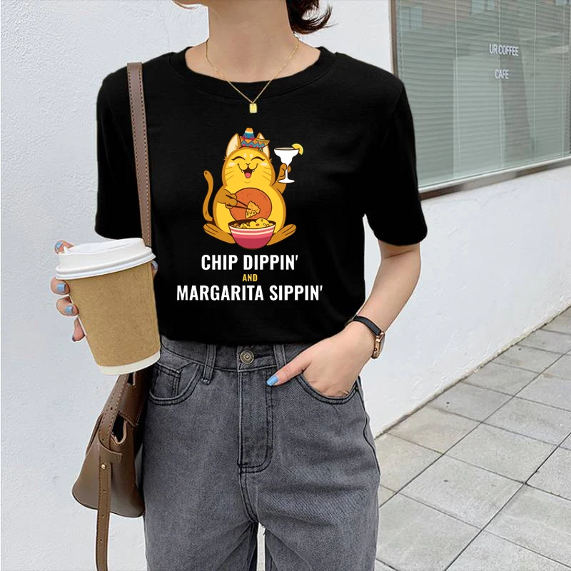 

Chip Dippin and Margarita Sippin Letter Print Sexy Tops Women 2021 Summer Short Sleeve O Neck Tee Casual Vintage Black T-shirt