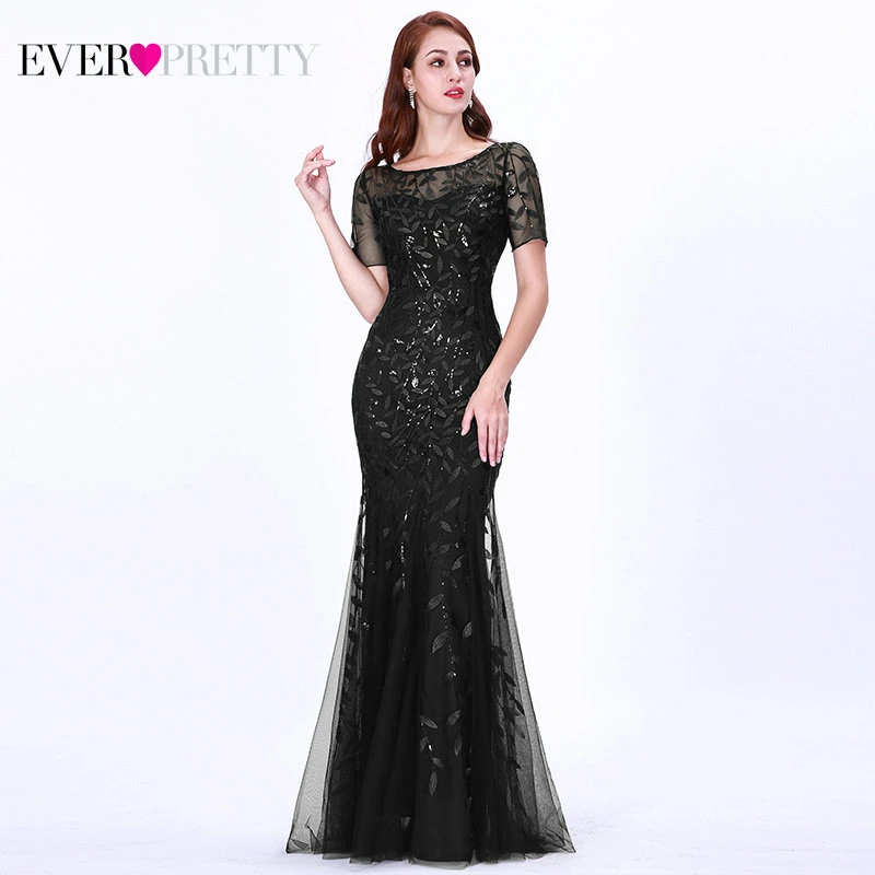 EZ07707BK Формальные Вечерние платья Ever Pretty Новые Русалка o-образным вырезом с коротким рукавом Кружева Аппликации Тюль Длинные вечерние платья халат Soiree сексуальный - Цвет: EZ07707BK