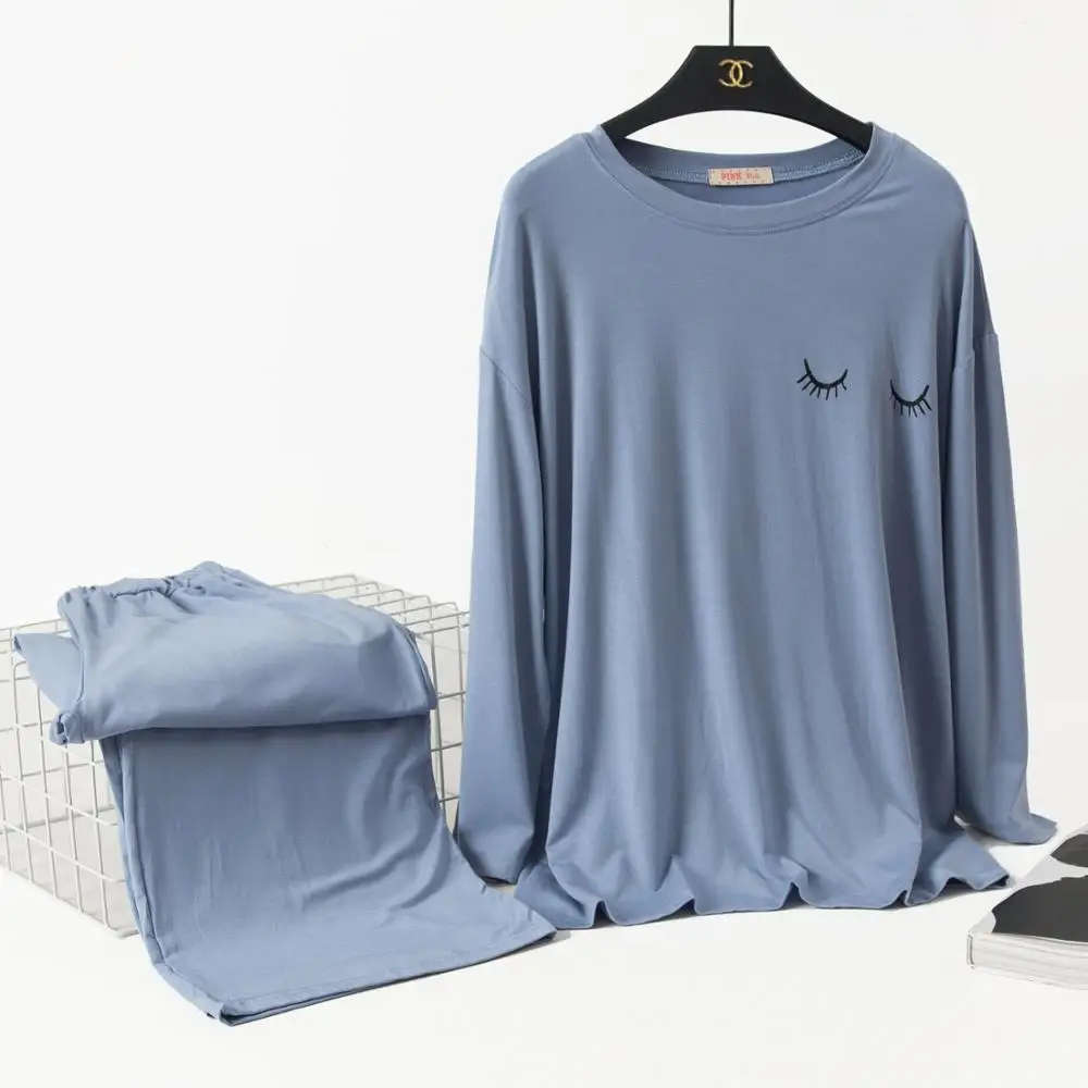

2020 Spring Autumn Long-Sleeved Nightgown Modal Suit Large Size Simple Hong Kong Style Leisure Round-Neck Sleepwear Home Wear
