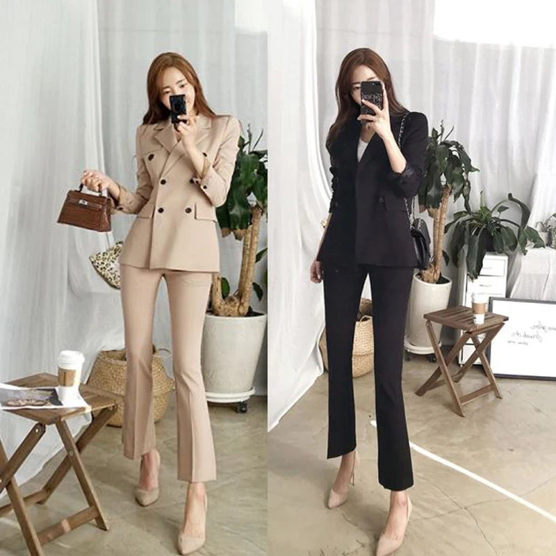 Spring and Autumn New Slim Double-breasted Professional Micro Flare Pants Suit Women Casual Fashion Small Suit SetOL2 piece sets