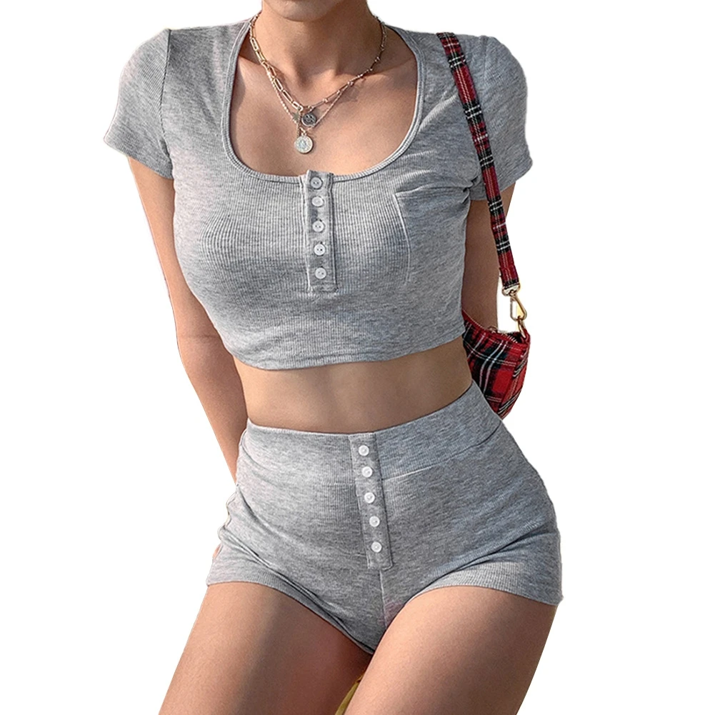 

Women Casual 2-piece Outfit Set Short Sleeve Solid Color Crop Top High Waist Button Shorts Sport Female Set