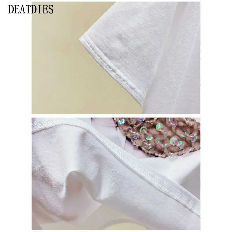 

2021New Summer Casual Women T-Shirt Short Sleeve Korean Slim Ladies Cotton Tshirt Top Womens Clothing Soft T Shirt Femme Beading